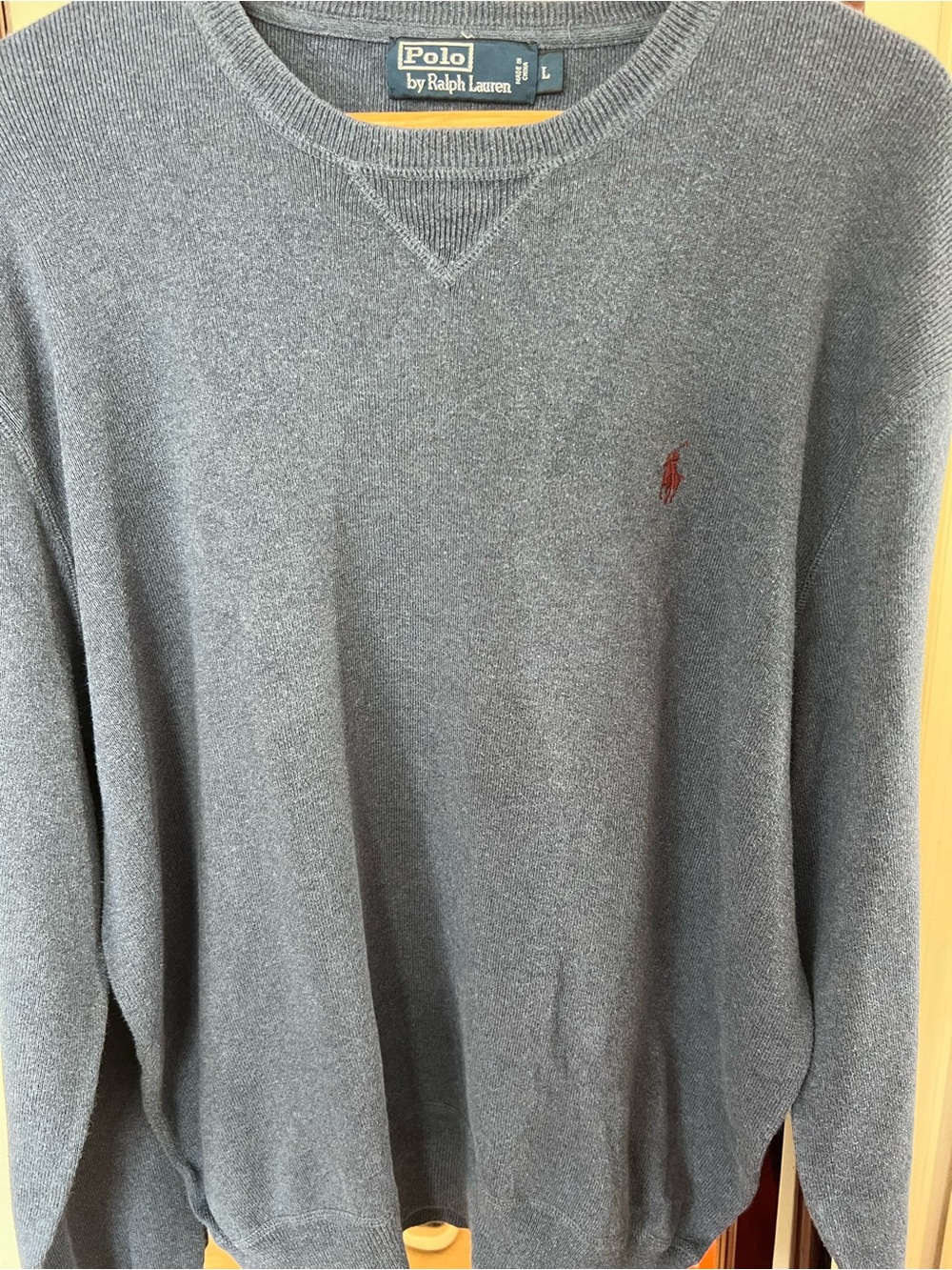 Ralph Lauren Mens Heather Slate Blue Crewneck Sweater with Red Pony